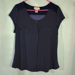 Navy Polka Dot Blouse Button Front Short Sleeve Peplum Top